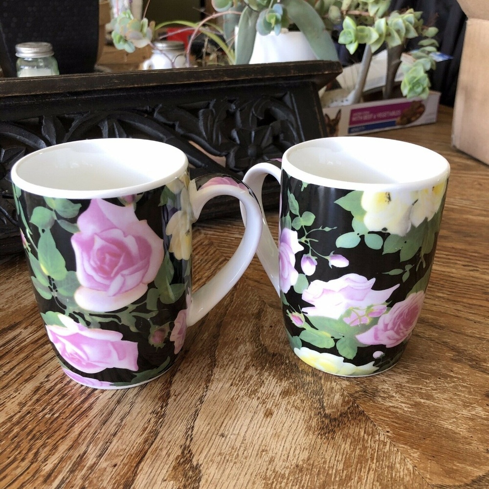 2 Black Pink White Rose Coffee Mugs Tea Cups
